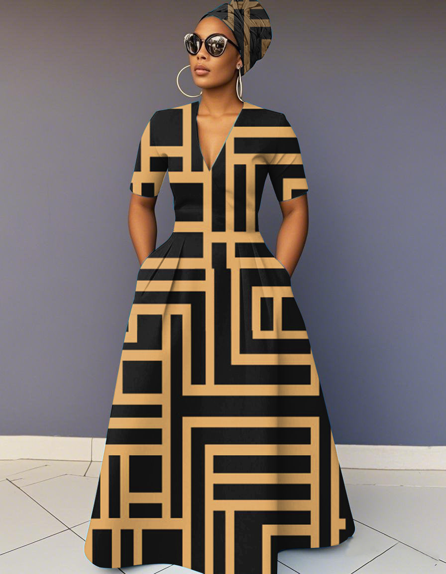 V Neck Irregular Stripes Prints Short Sleeve Maxi Dress