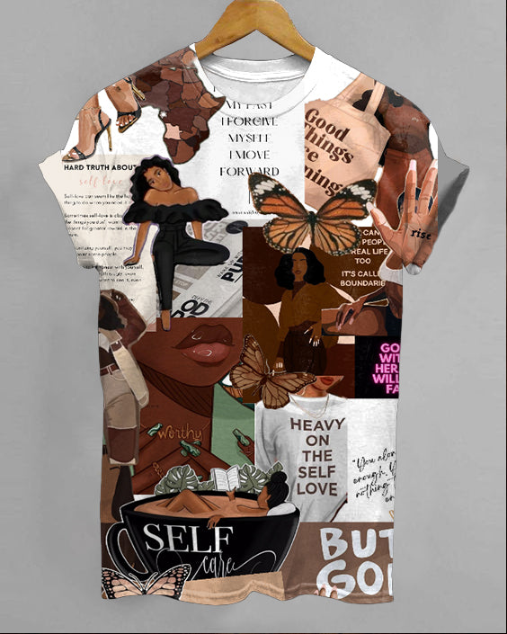 Black Girl Poster Print Round Neck Short Sleeve Shirt