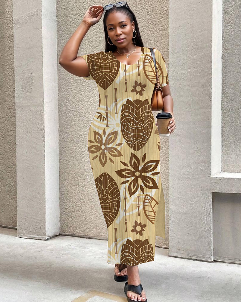 Textured Ethnic Floral Print Round Neck Short Sleeve Slit Dress
