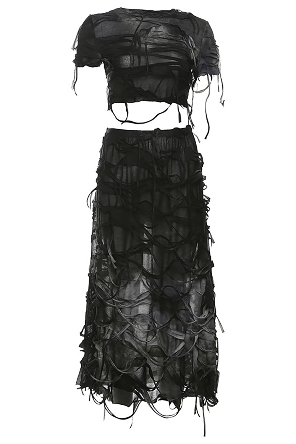 Tie Dye Fringed Short Sleeve Crop T-shirt Bodycon Midi Skirt 2pcs Set-Black