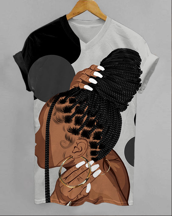 Curly Braids Women V-neck Short Sleeve Tshirt