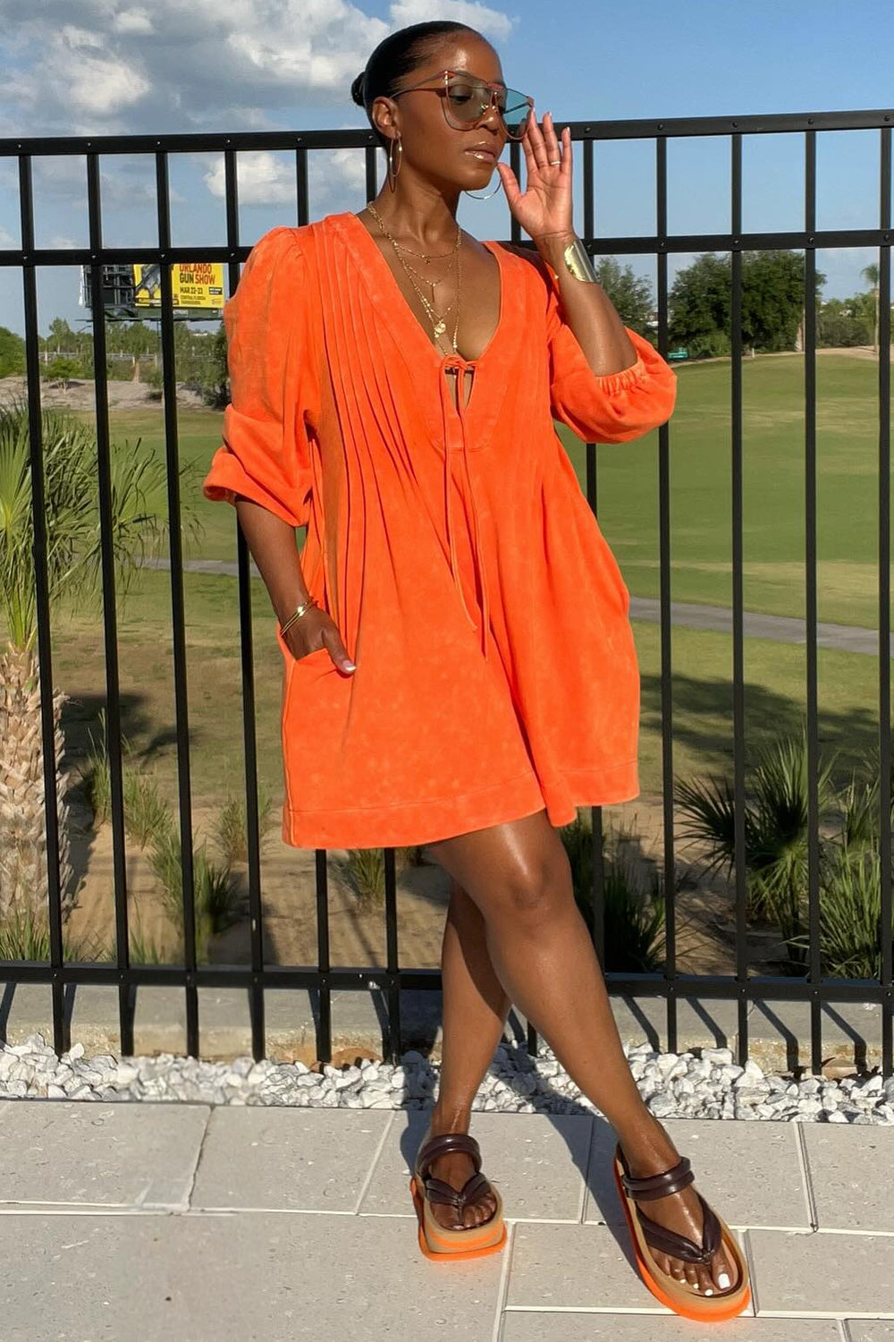 Deep V Neck 3/4 Sleeve Pleated Wide Leg Romper Playsuit-Orange