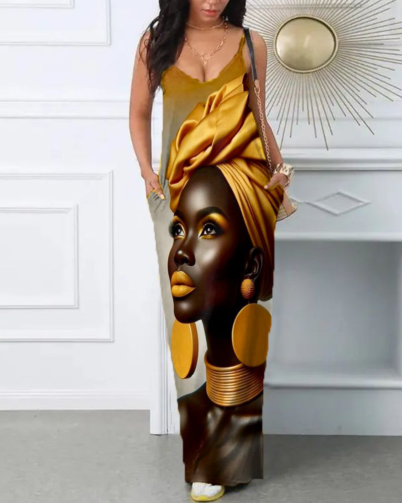 Vintage Art Black Girl Print Slip Dress