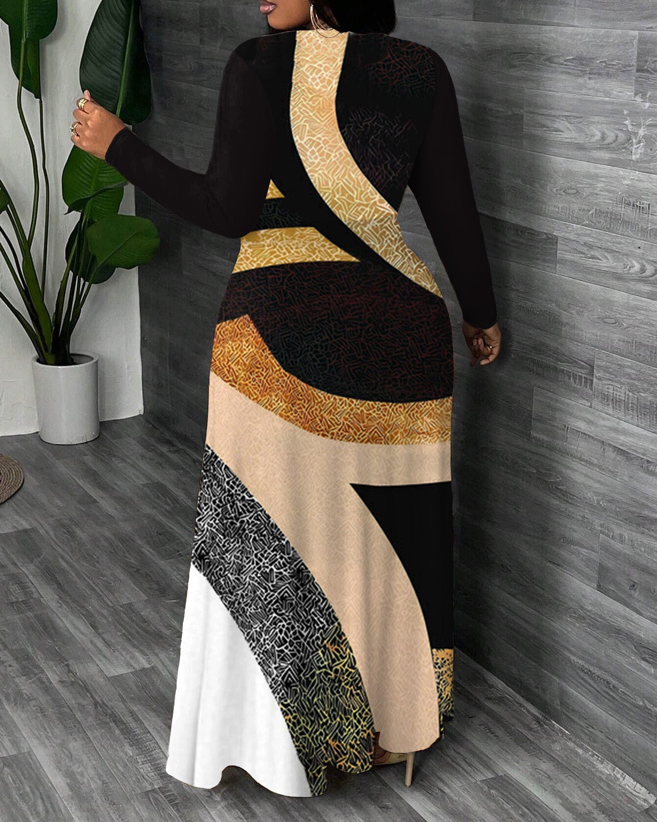 Irregular Color Contrast Geometry Print Round Neck Long Sleeve Maxi Dress