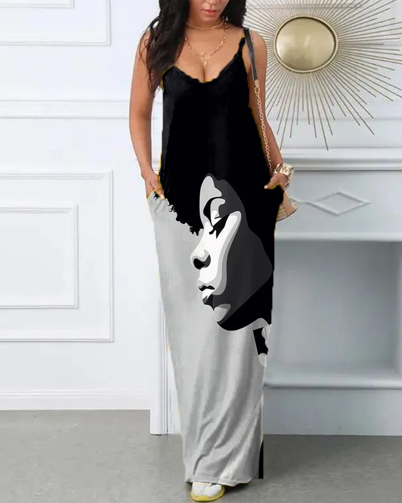 Color Matching Art Black Girl Print Slip Dress