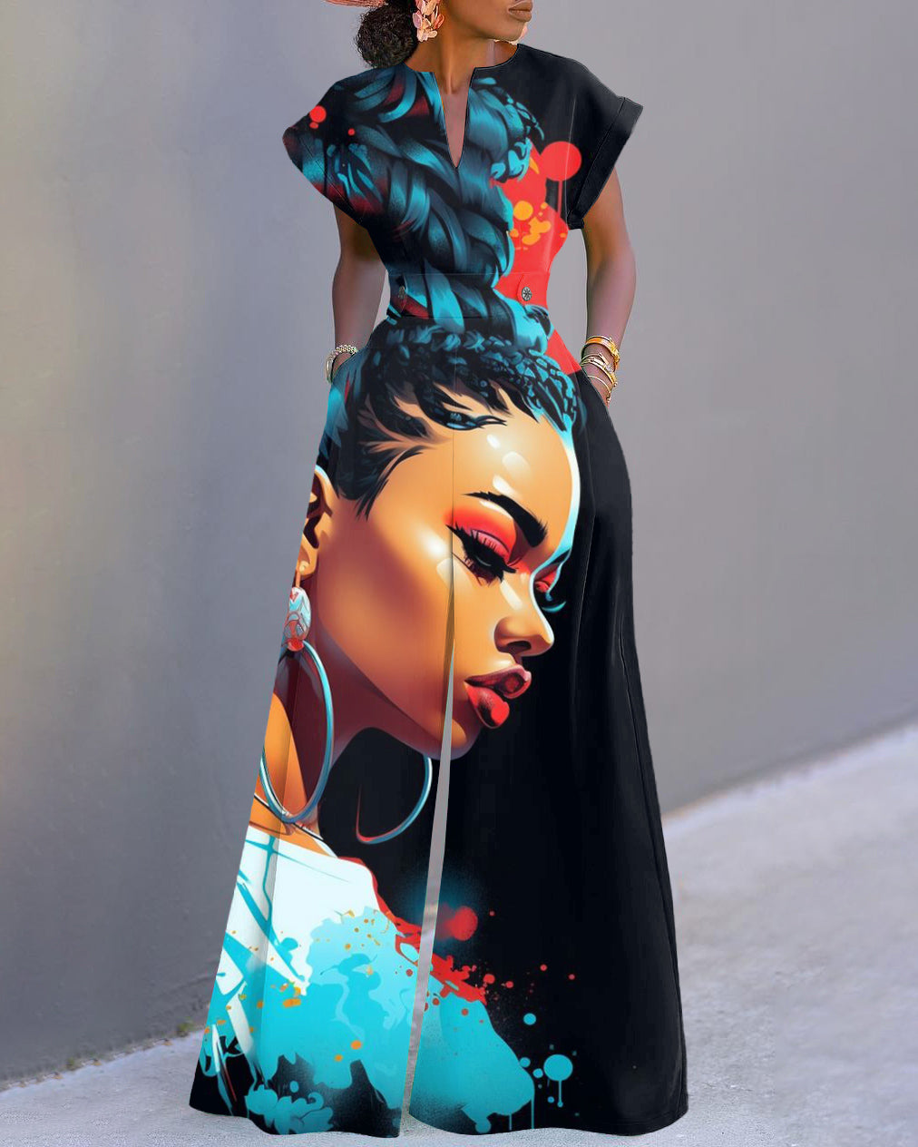 Women Afro Beauty Neckline Batwing Sleeve Wide Leg Jumpsuit