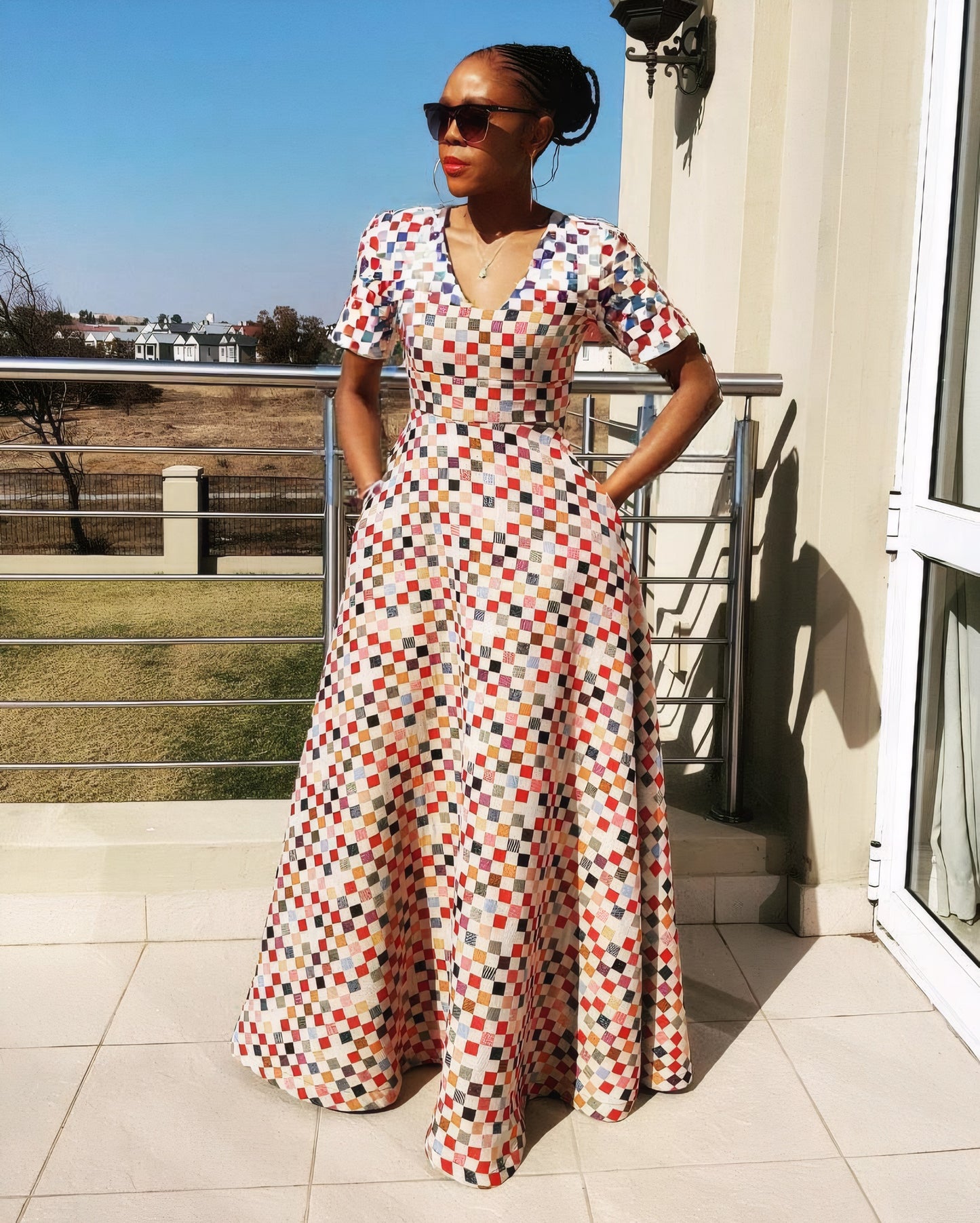 V Neck Colorful Square Print Short Sleeve Maxi Dress