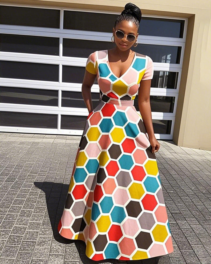 V Neck Colored Rhombus Short Sleeve Maxi Dress