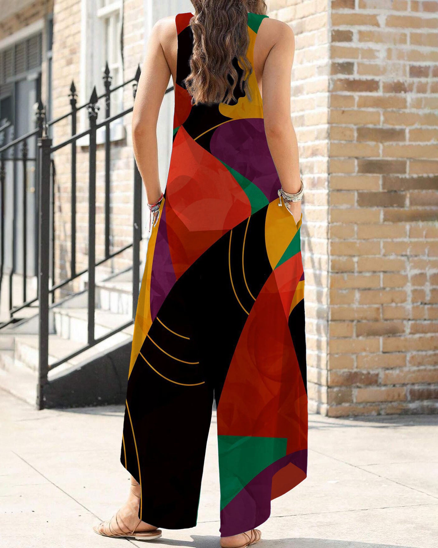 Abstract Contrast Black Girl V Neck Wide Leg Overall Pockets Jumpsuits