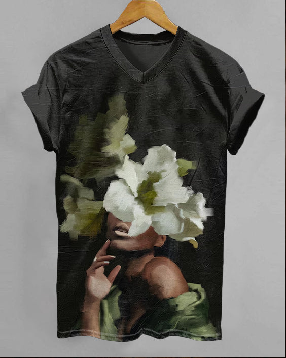 Sexy Girl Flower Art V-neck Short Sleeve Tshirt