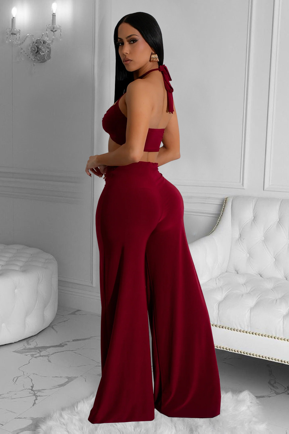 Cross Halter Neck Crop Top Cutout Wide Leg Pants Matching Set-Black