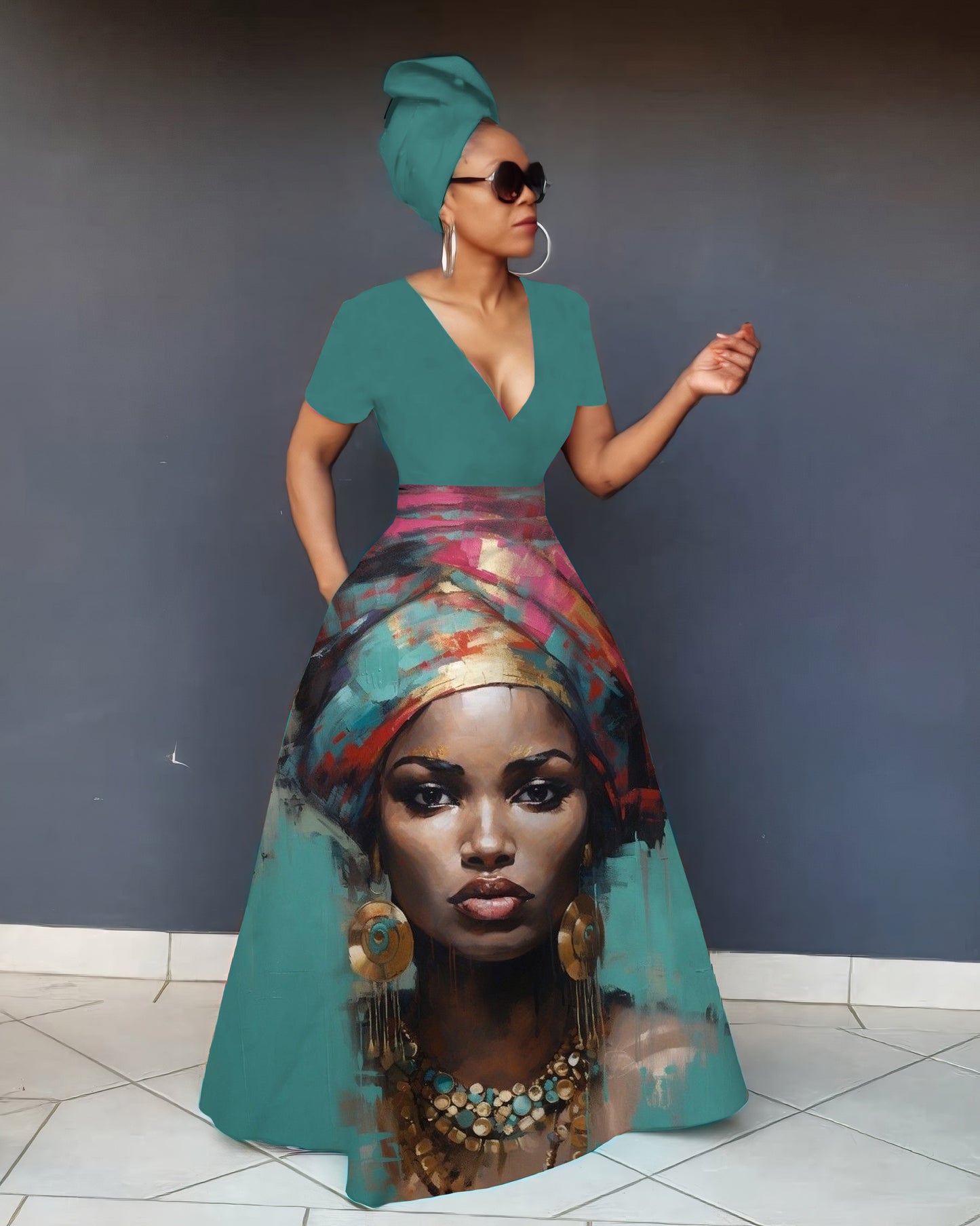 V Neck Beautiful African Lady Short Sleeve Maxi Dress