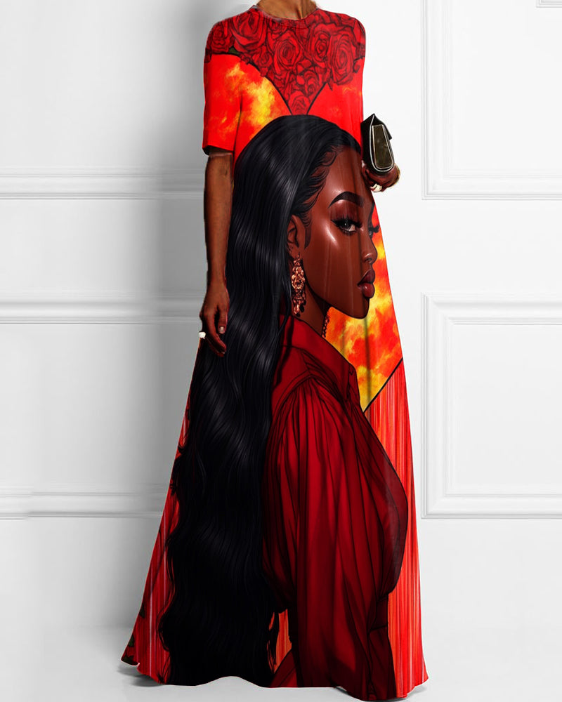 Black Personality Rose Print Short-sleeved Long Skirt