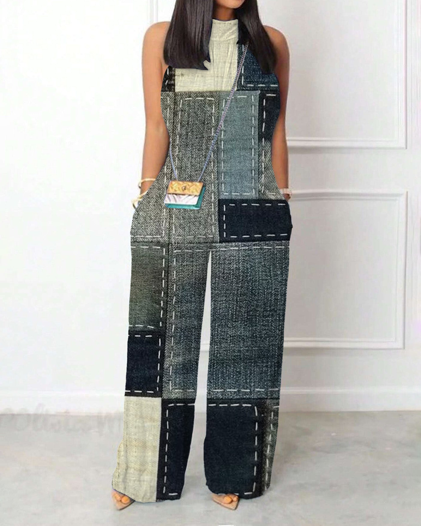 Denim Patch Print Sleeveless Pleated Halter Pockets Jumpsuit