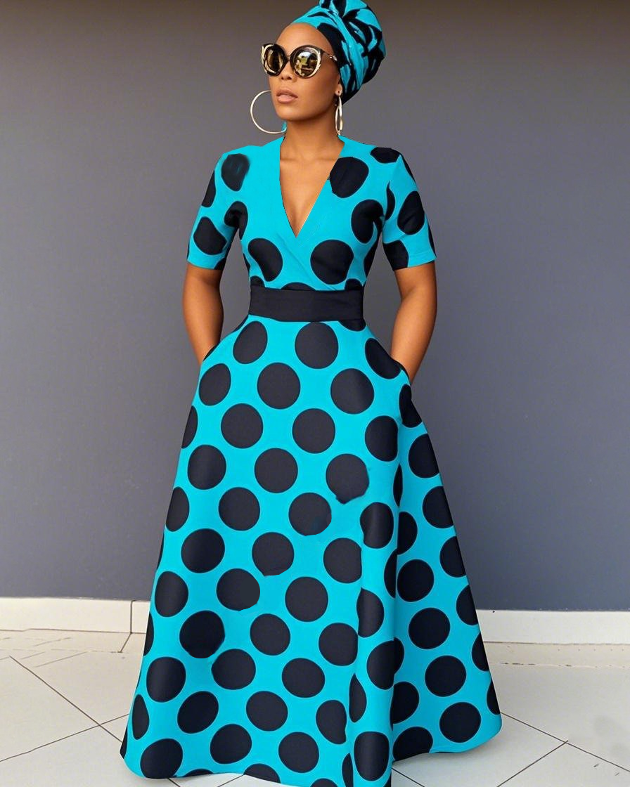 V Neck Black Big Dots Short Sleeve Maxi Dress