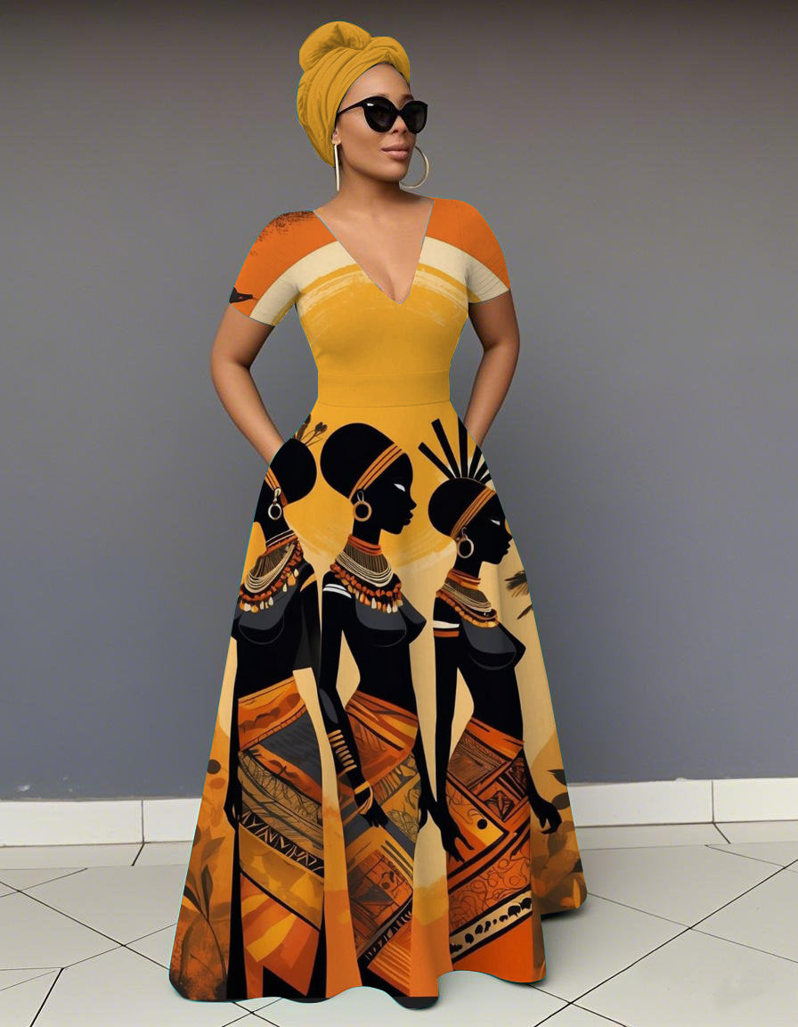 V Neck Retro Tribal Women Short Sleeve Maxi Dress