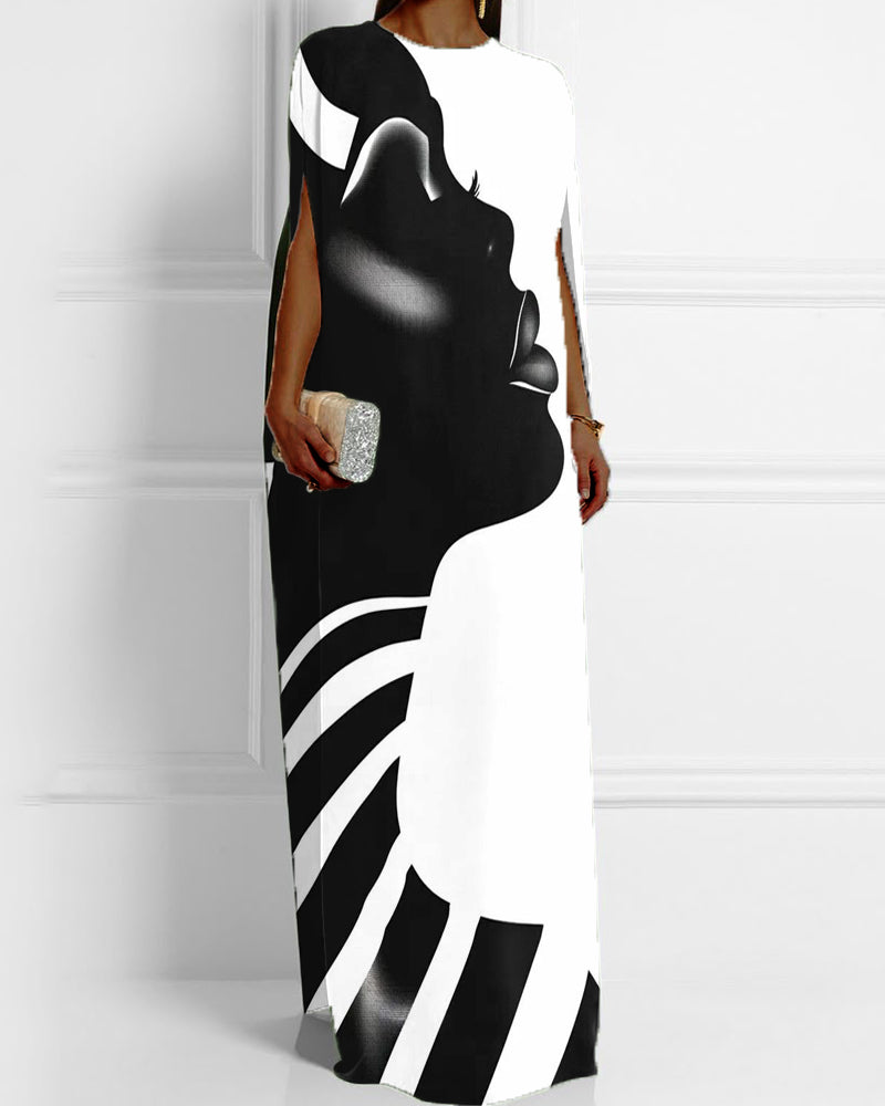Black Colorblocked Shawl Short-sleeved Long Dress