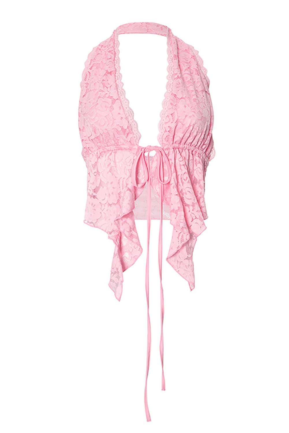 Deep V Neck Front Tie Up Ruffled Lace Halter Top-Pink