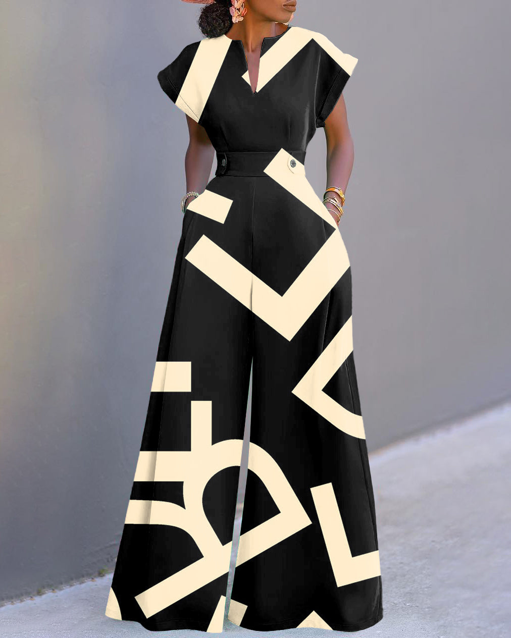 Letter Printing Neckline Batwing Sleeve Wide Leg Jumpsuit