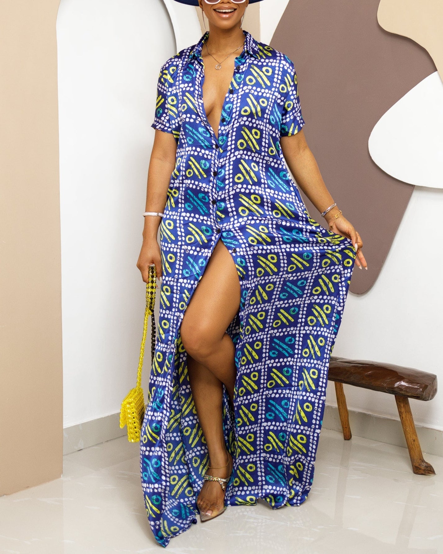 Women's Casual Print V Neck Maxi Dress Kaftan