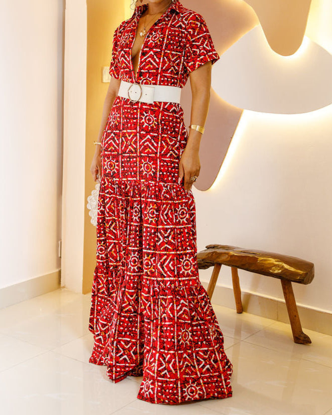 Women's Casual Print Short Sleeve Kaftan Maxi Dress