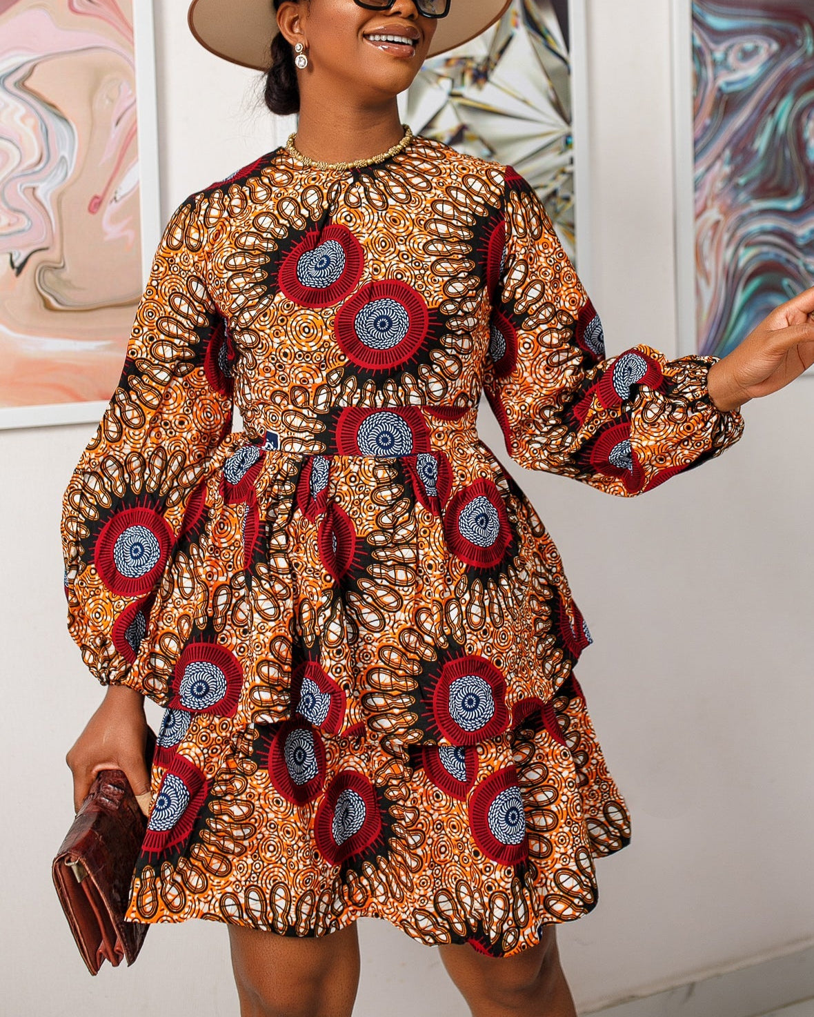 Women's Casual Print Puff Sleeves Mini Dress