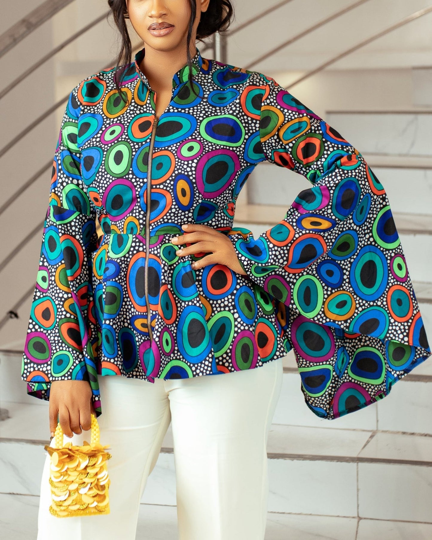 Women's Casual Print Zipper Flare Sleeve Shirt