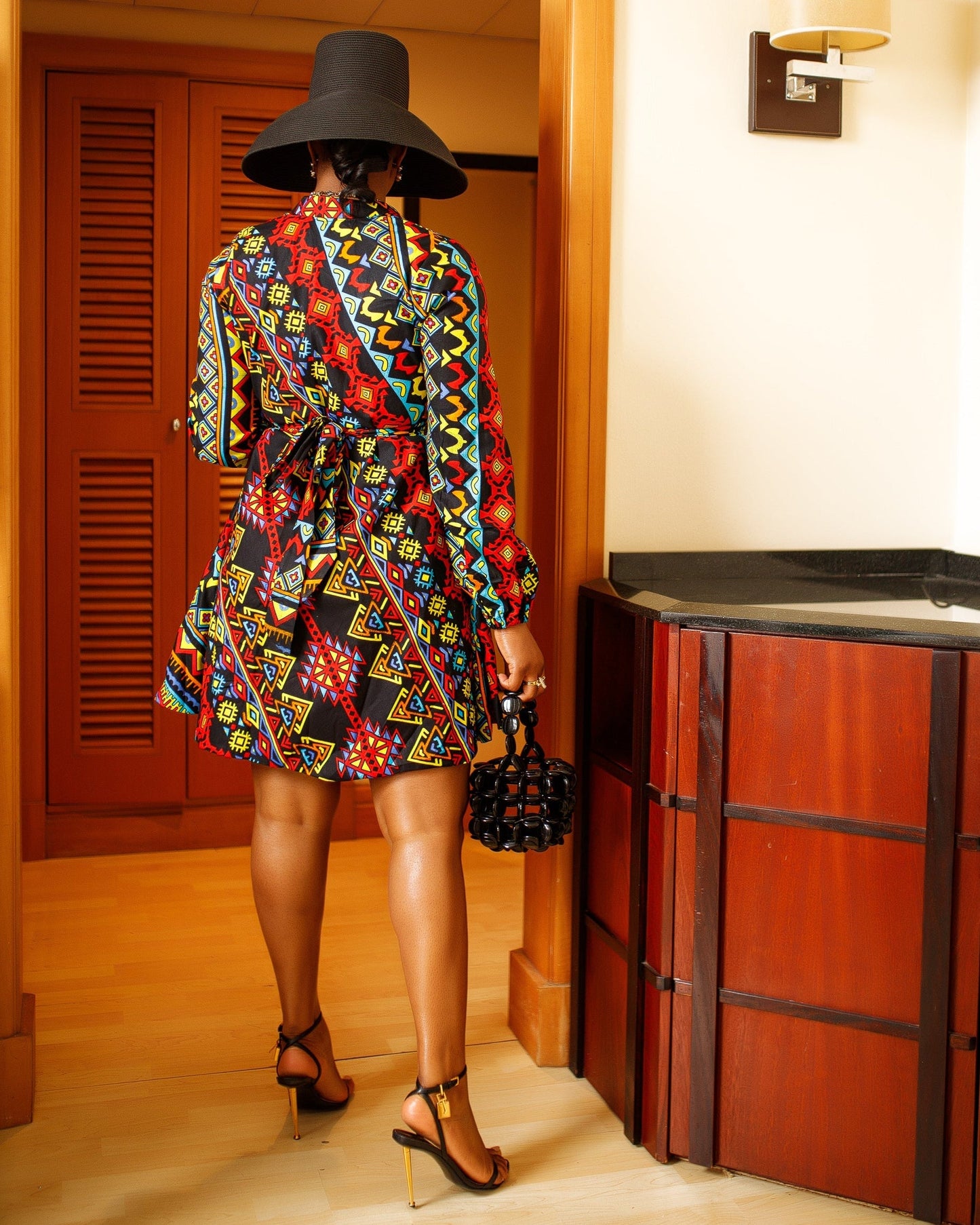 Women's Casual Print V Neck Long Sleeve Short Dress