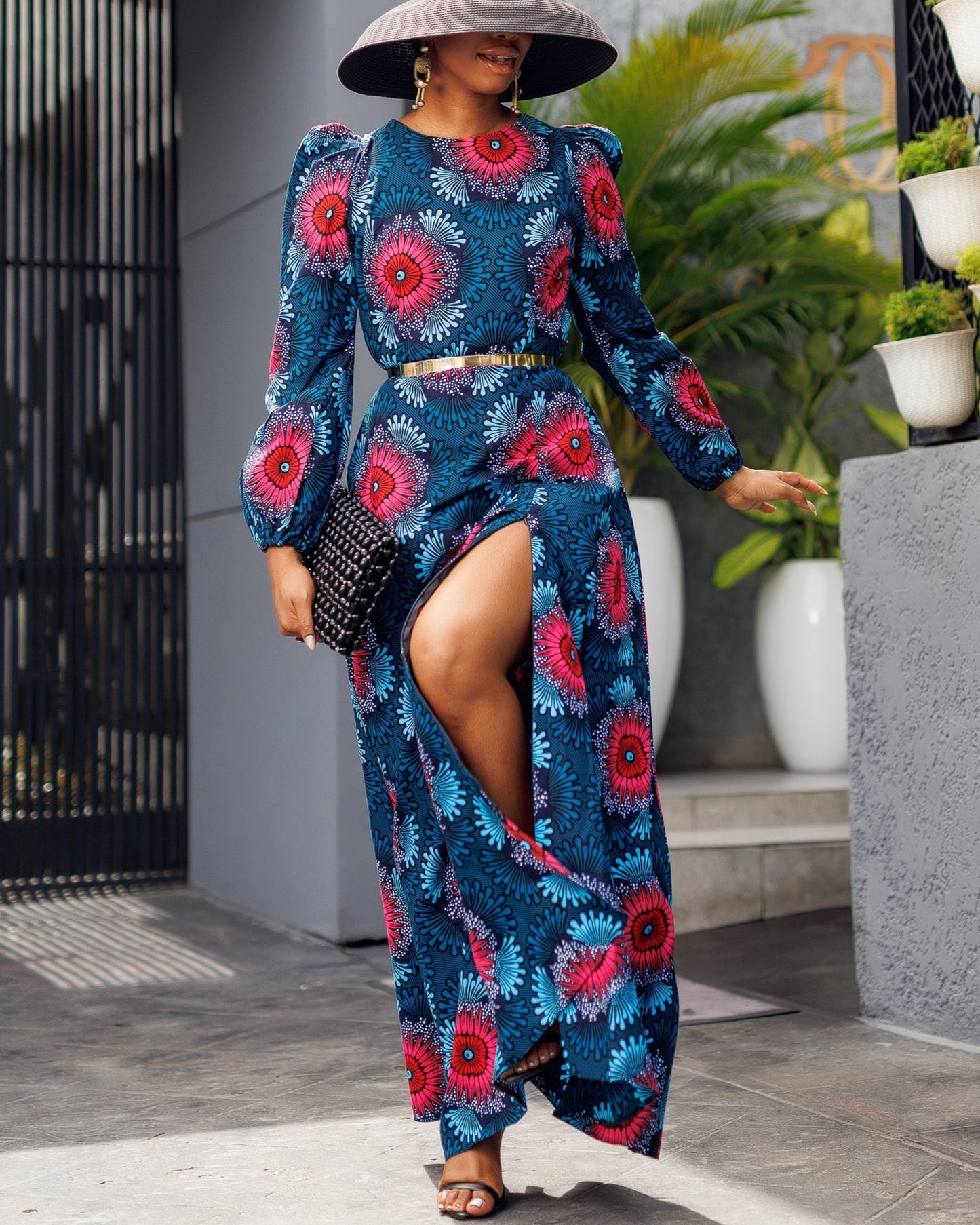 Women's Casual Flora Print Long Sleeve Maxi Dress