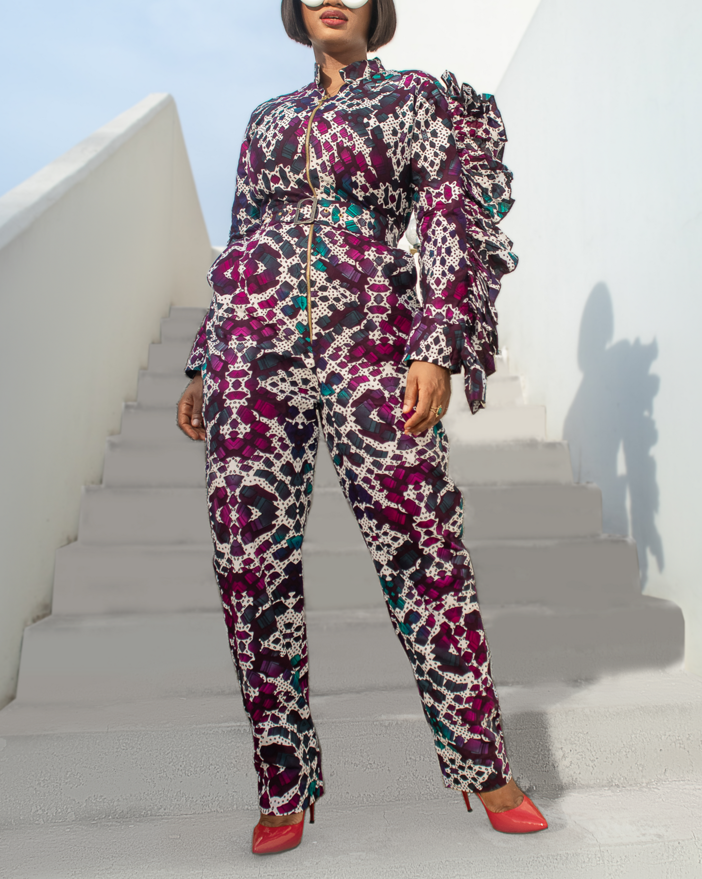 Women's Fashion Print Zipper Long Sleeve Jumpsuit