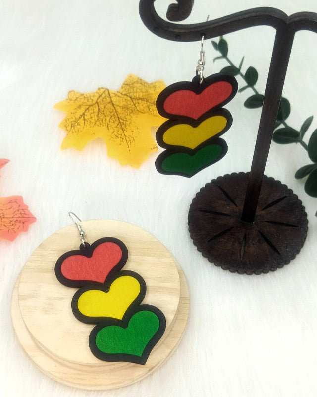 Reggae Heart Multicolor Wood Cut Earrings