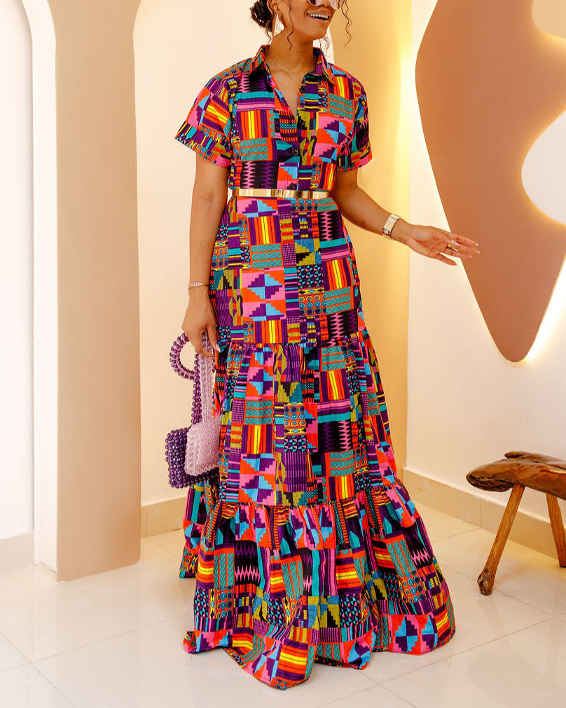 Women's Casual Print Button Kaftan Maxi Dress