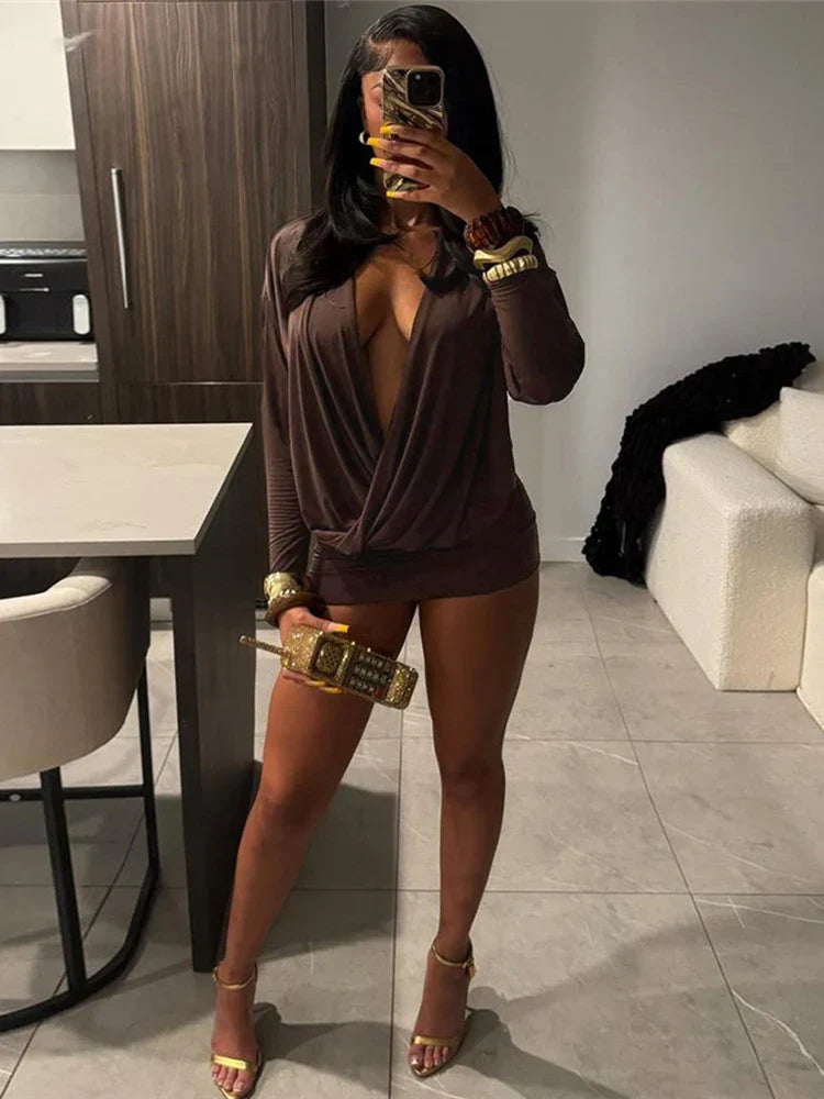 Elegant Deep V-Neck Mini Dress long Sleeve