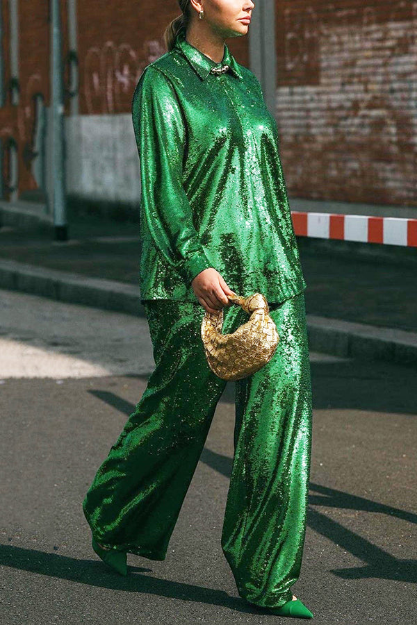 Glitter Shirt Neck Top & Pants Set