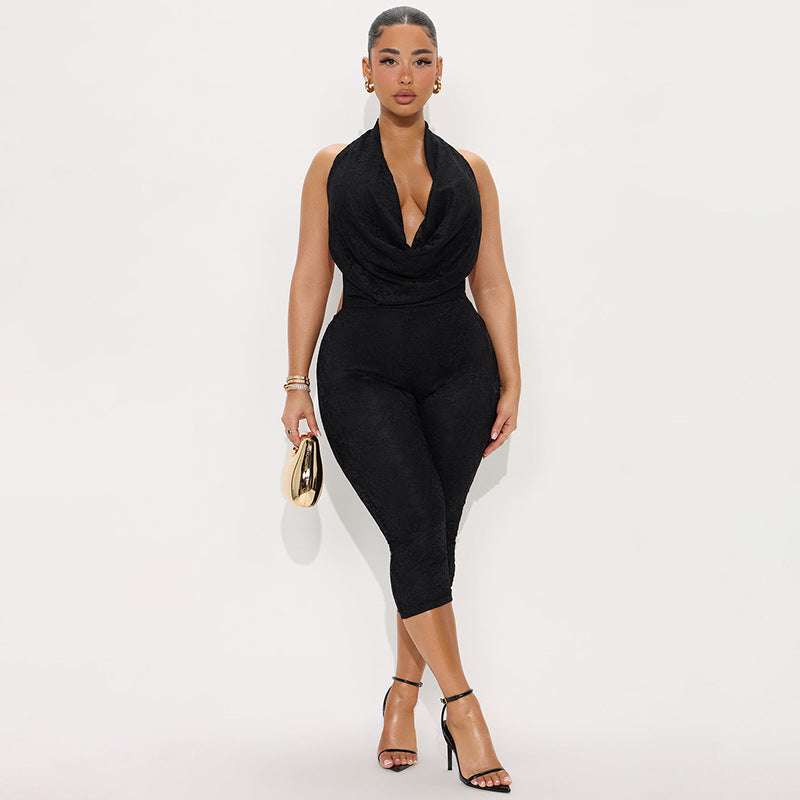 Women's Lace Swing Collar Halter Bare Back Tight One-Piece Cropped Trousers Jumpsuit