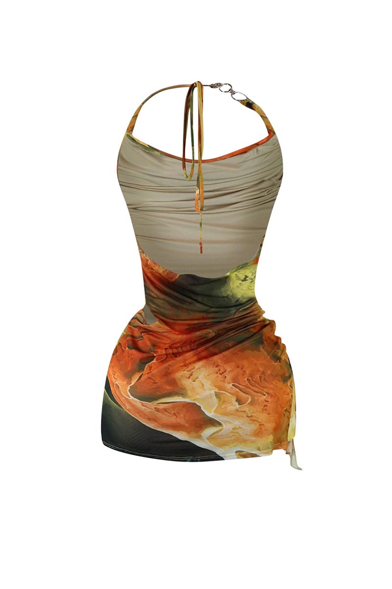 Plunging Neck Halter Backless O-Ring Irregular Ruffle Hem Print Party Mini Dresses