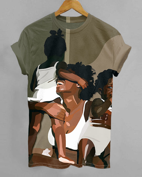Black Mother Illustration Print Crew Neck Short Sleeve Tshirt
