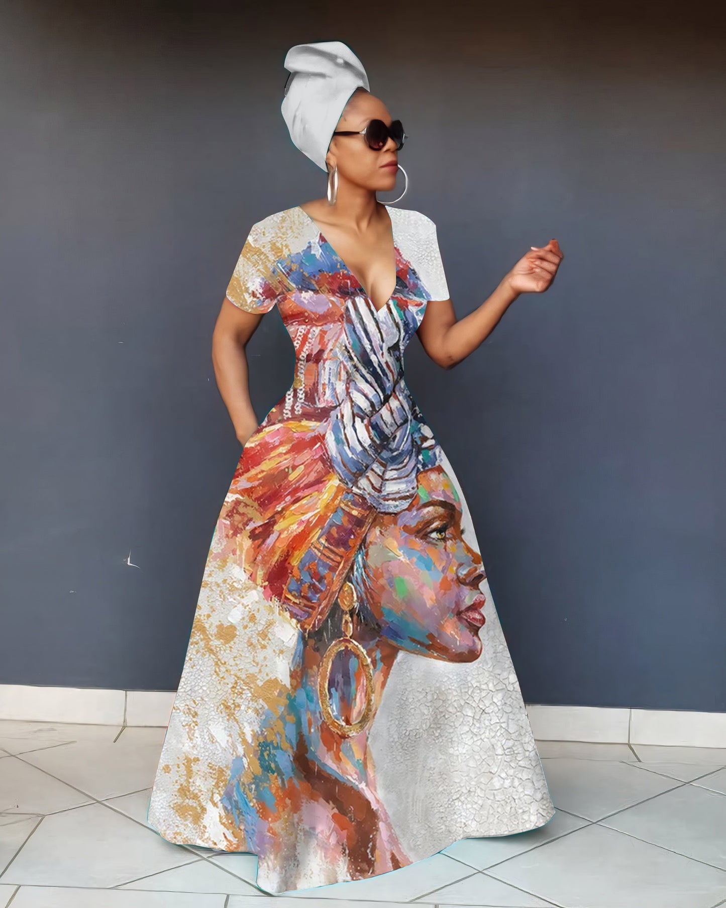V Neck African Ladies Art Short Sleeve Maxi Dress