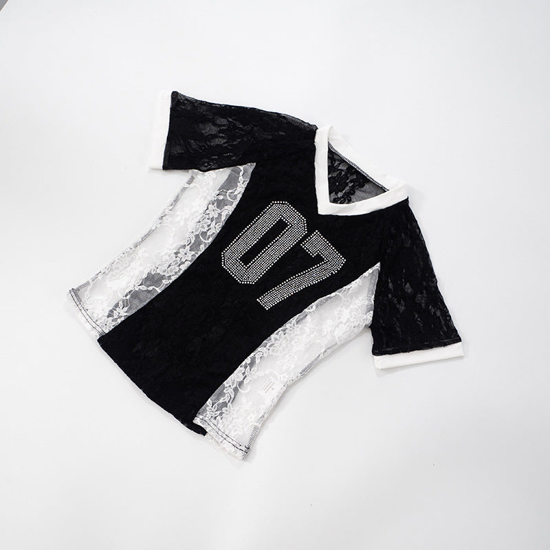 Digital Rhinestone Lace Mesh Patchwork Short Top Hot Girl See-through All-Match T-shirt