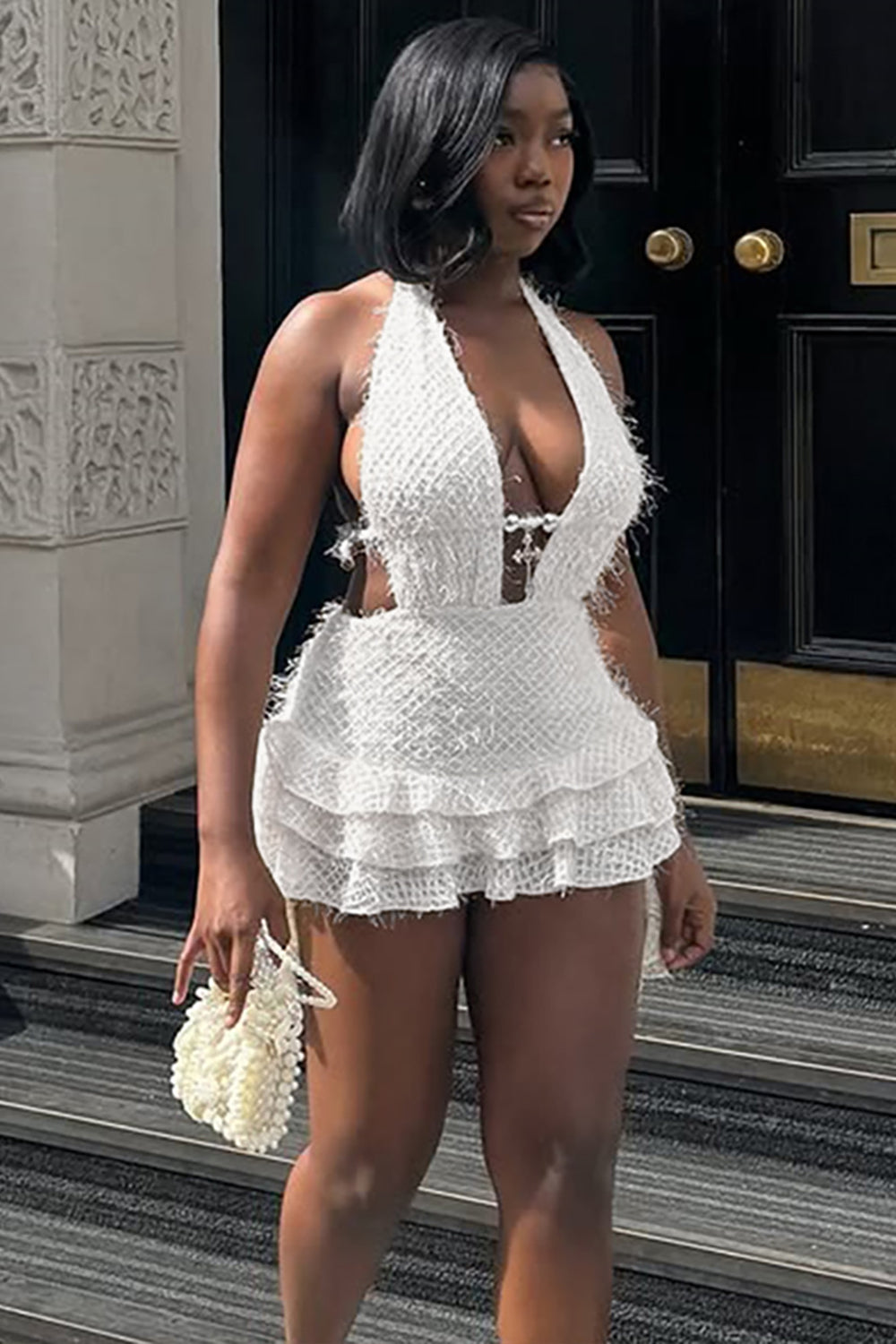 Fluffy Knit Deep V Neck Tiered Ruffled Hem Halter Mini Dresses-White