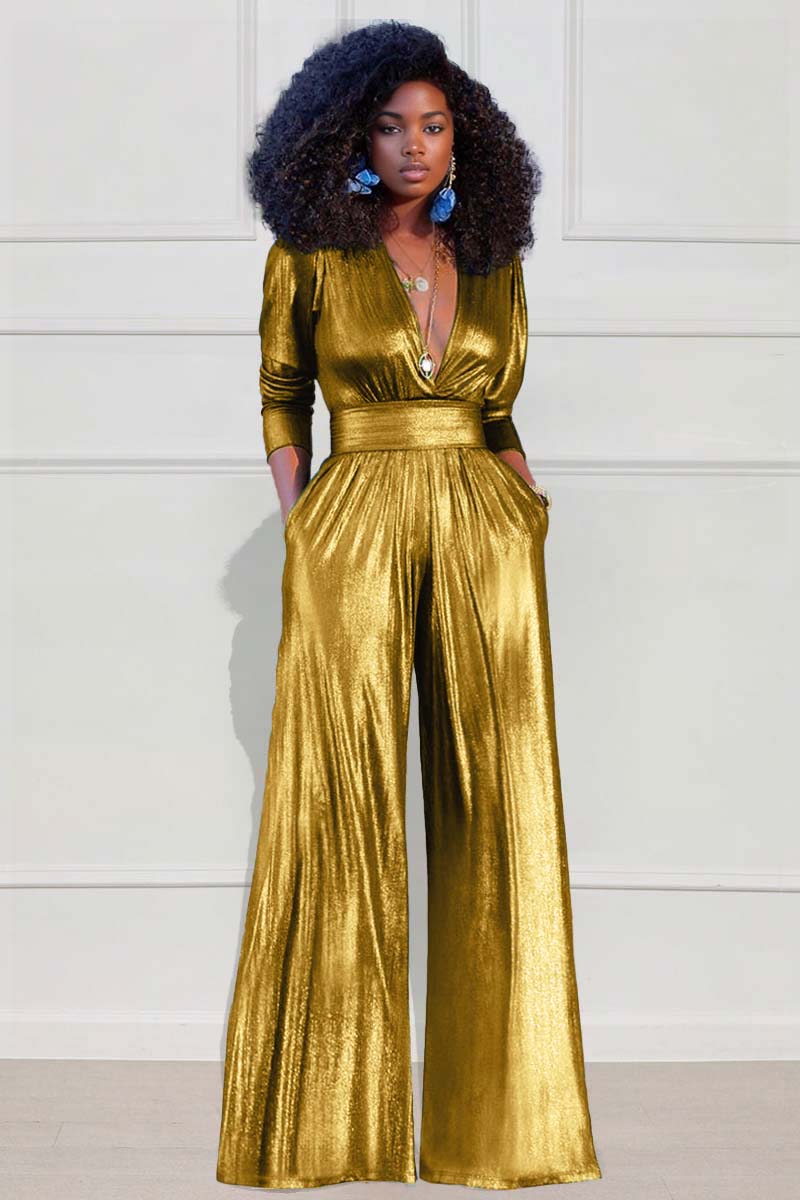 Party Reflective Half Sleeve V Neck Wide Leg Jumpsuits