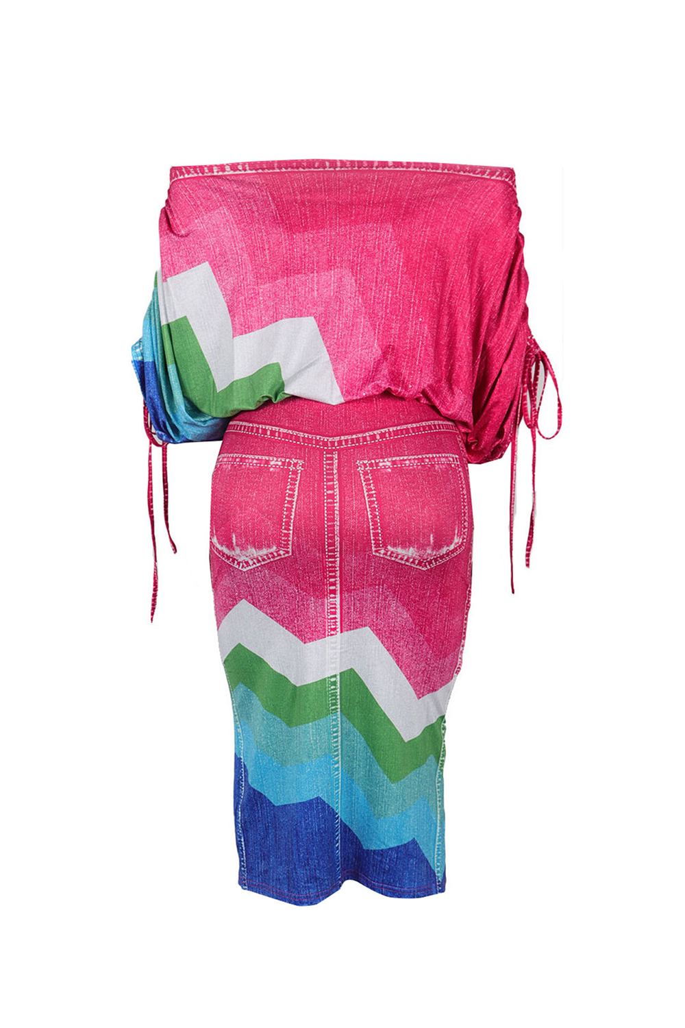 Batwing Sleeve Crop Top Colorblock Bodycon Slit Midi Skirt 2pcs Set-Fuchsia