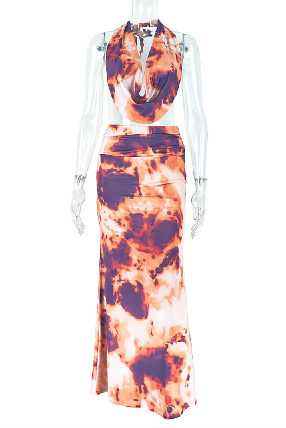 Tie Dye Print Halter Cowl Neckline Top Bodycon Maxi Skirt 2pcs Set-Orange