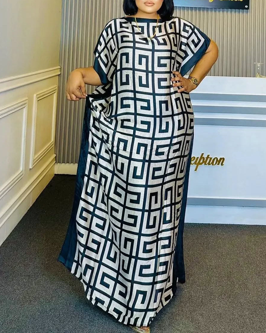 Round Neck Simple Geometry Elegant Robe Dress(Includes Headscarf)