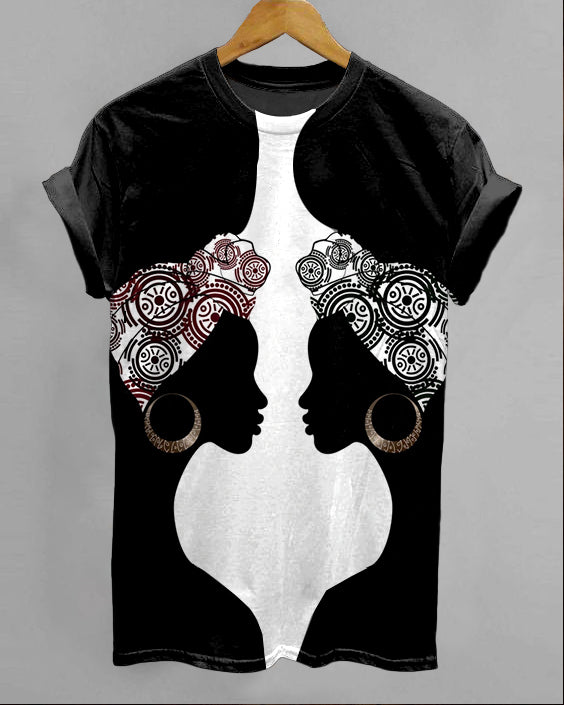 Two Black Women In Headscarves Art Print Round Neck Short Sleeve Shirt