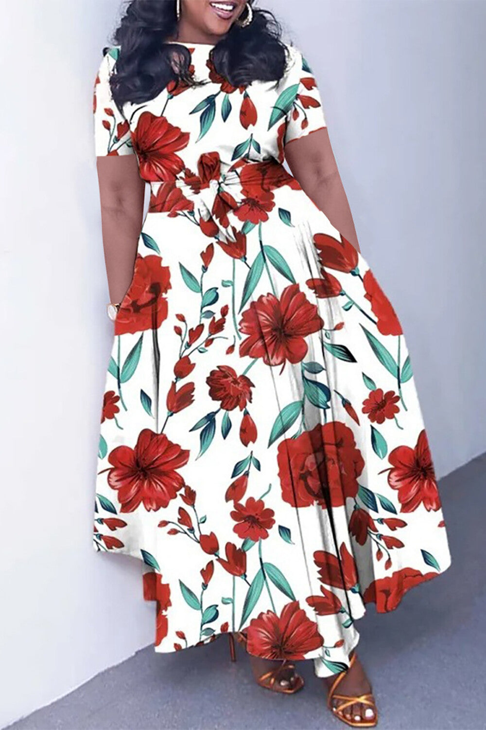 Round Neck Short Sleeve Doodle Print Tie Up A-Line Maxi Dresses-Red