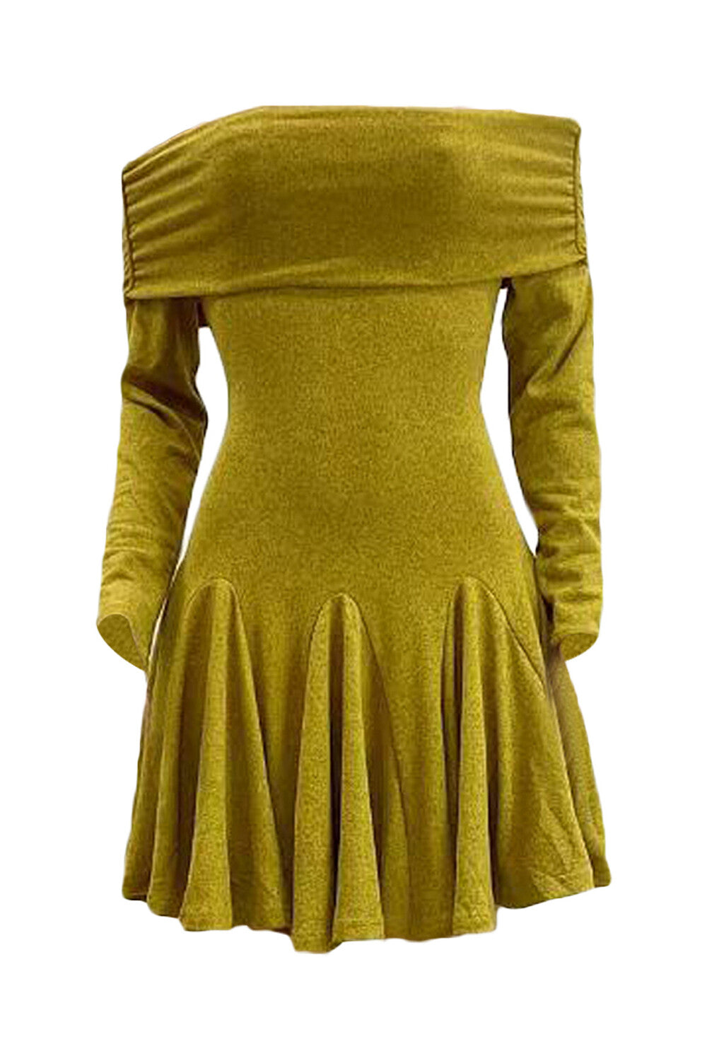 Off Shoulder Long Sleeve Semi-Fitted Pleated Hem Knit Mini Dresses-Green