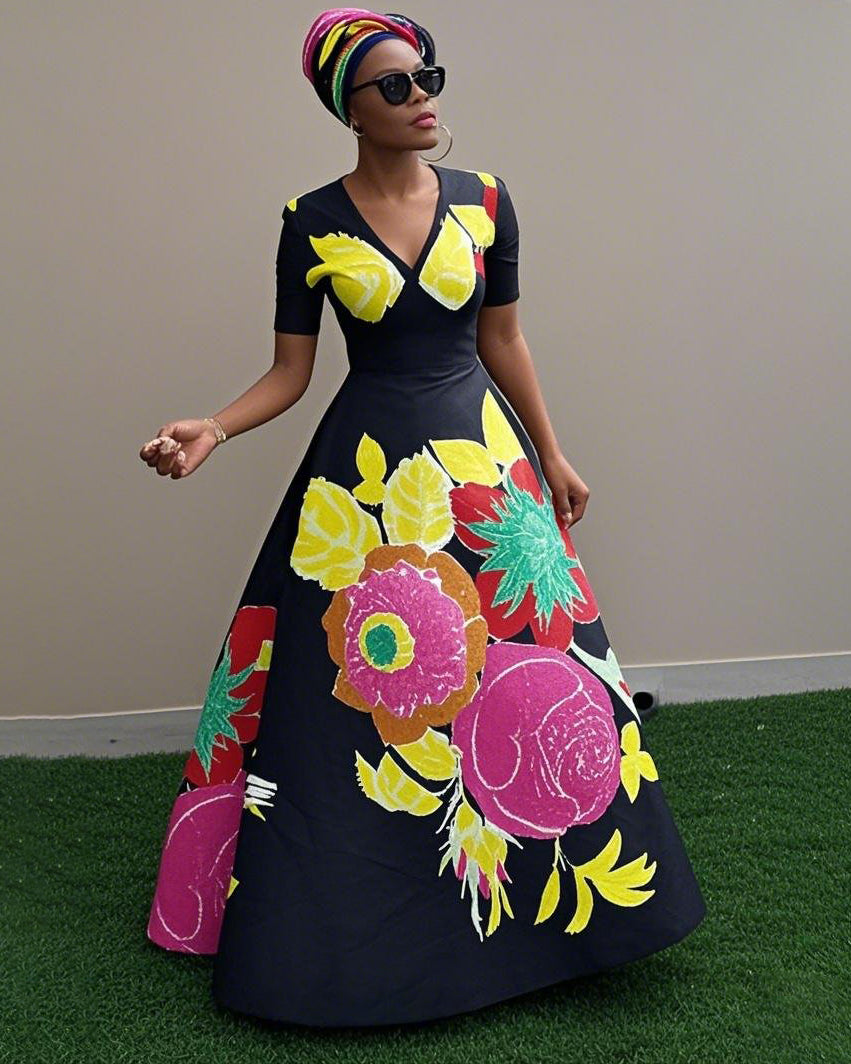 V Neck African Floral Print Short Sleeve Maxi Dress