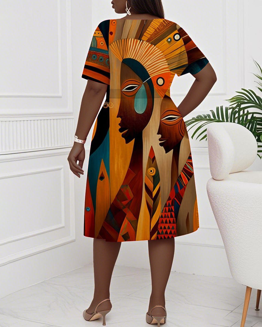 Brown Retro Totem Print Short Sleeve Midi Dress