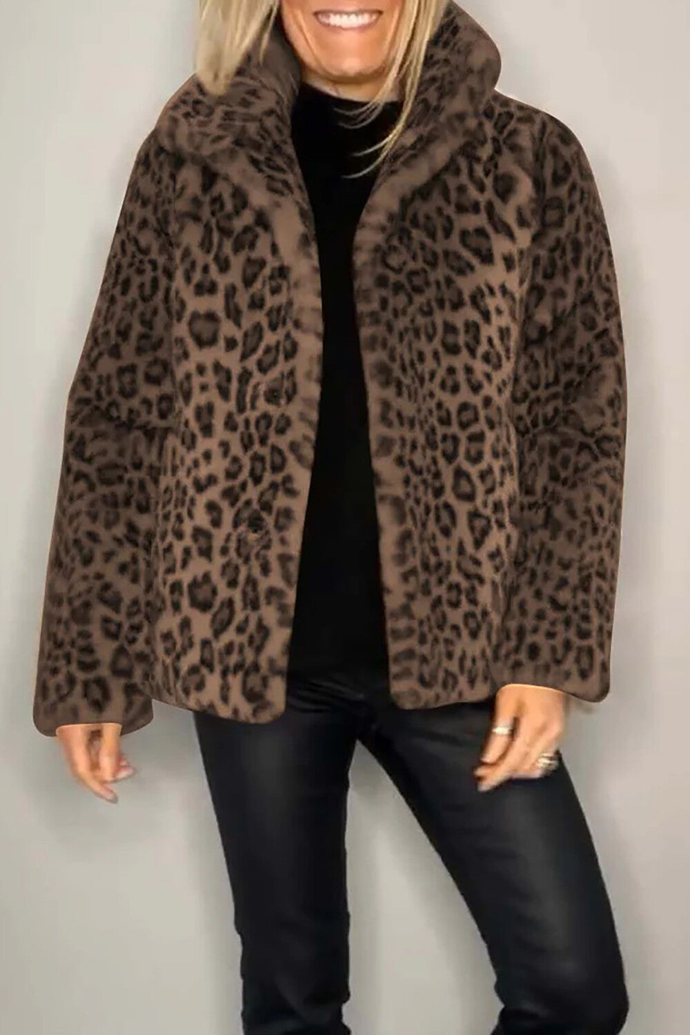 Leopard Fuzzy Long Sleeve Turndown Collar Coat-LightBrown